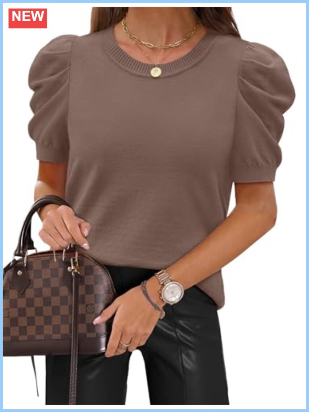 Short Puff Sleeve Crewneck Knit Sweater Business Casual Spring Summer Top